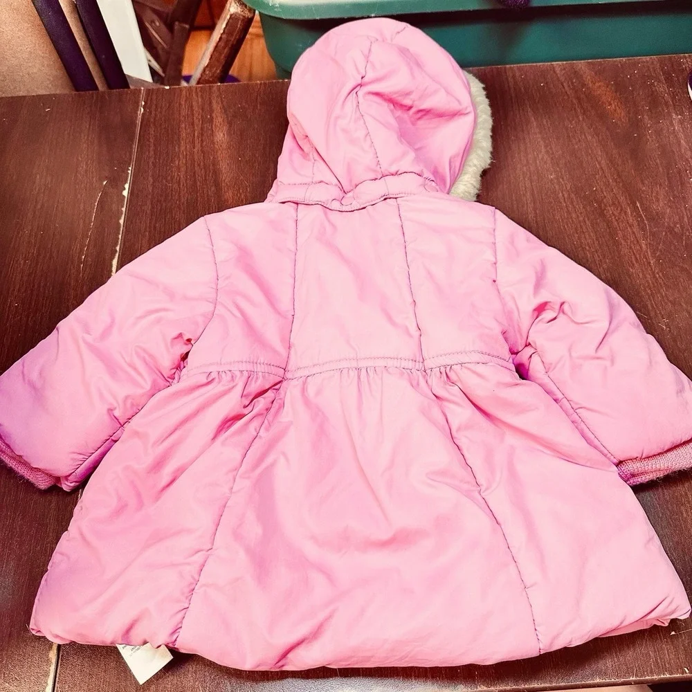 The Children's Place Pink Floral Puffer Coat Faux Fur Hood Girls‎ 6-9 Mo Y2K VGC